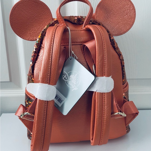 Loungefly Minnie Mouse Sequined Mini Backpack Peach Punch & Ears Headband - Picture 8 of 11